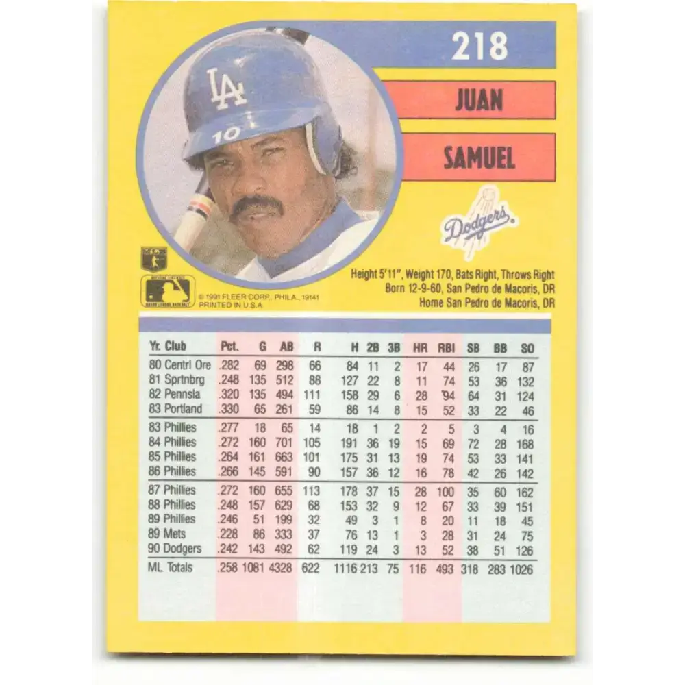 1991 Fleer #218 Juan Samuel NM-MT Los Angeles Dodgers Baseball Card - Baseball Card Single