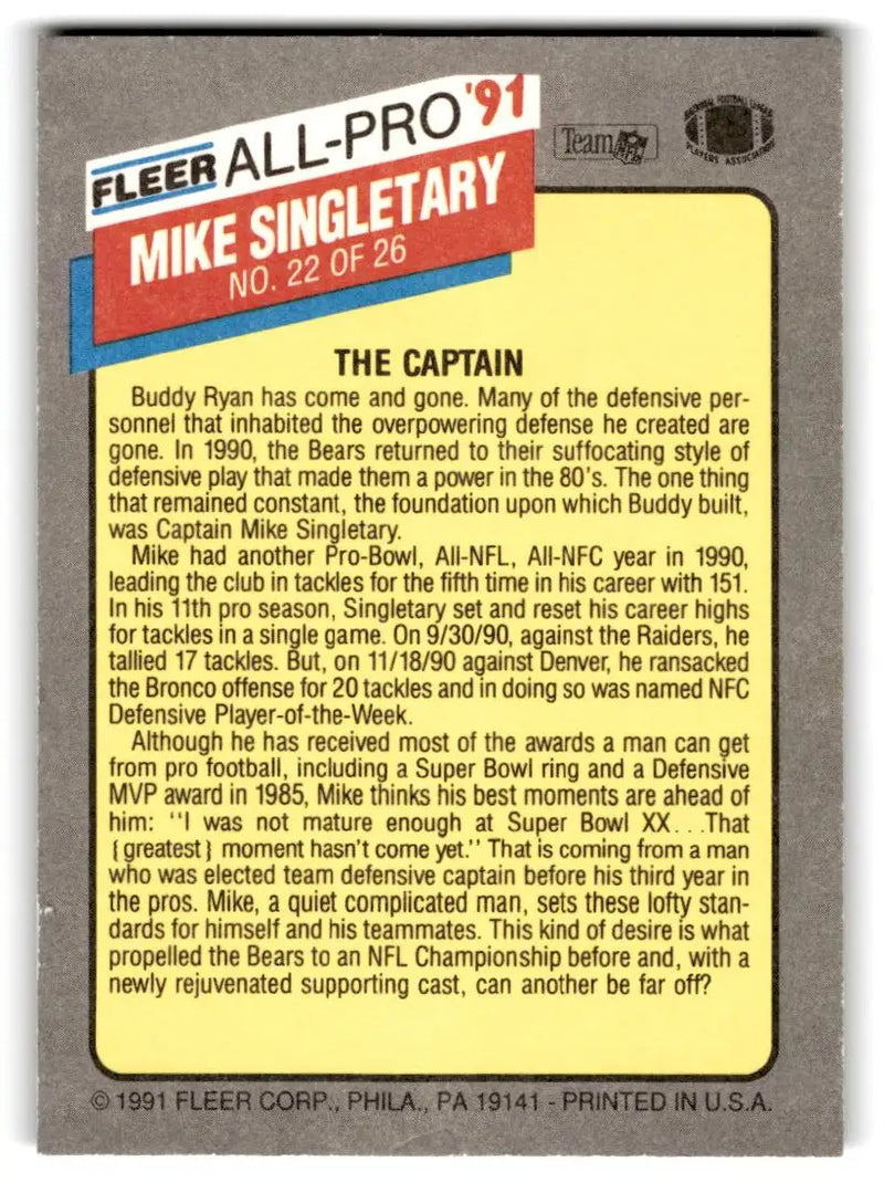 1991 Fleer #22 Mike Singletary All-Pro ’91 - Football Card Single