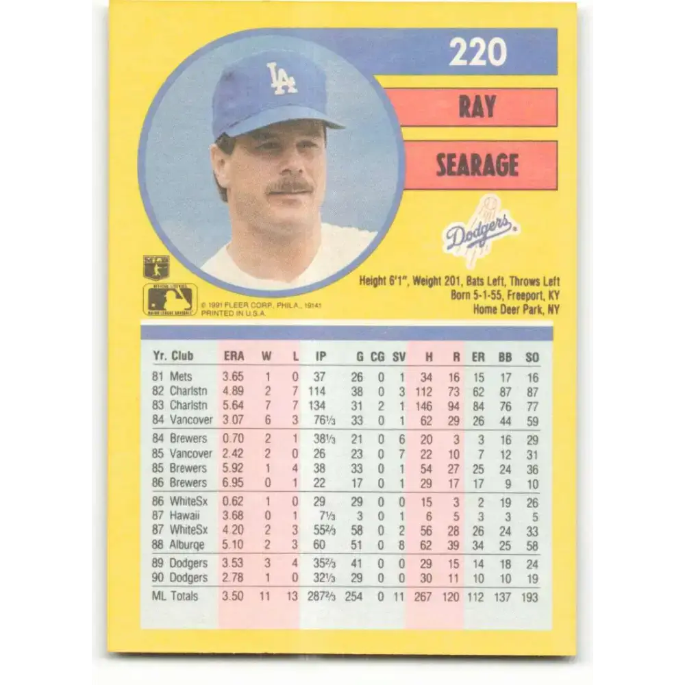 1991 Fleer #220 Ray Searage NM-MT Los Angeles Dodgers Baseball Card