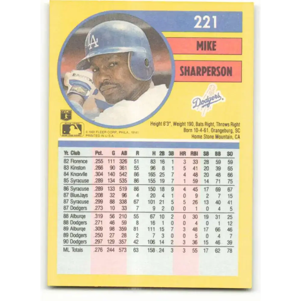 1991 Fleer #221 Mike Sharperson NM-MT Los Angeles Dodgers Baseball Card - Baseball Card Single