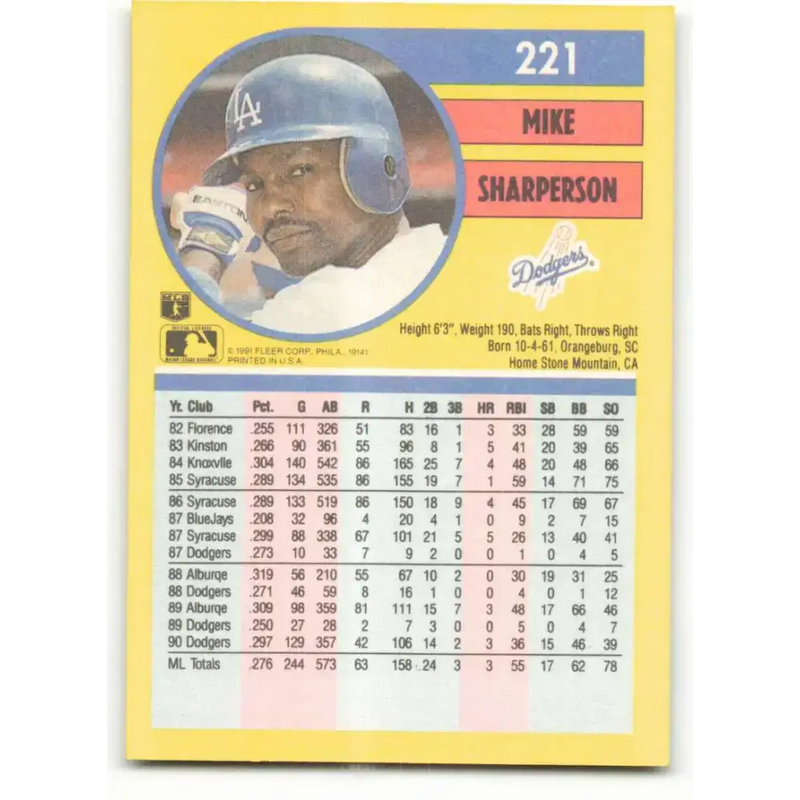 1991 Fleer #221 Mike Sharperson NM-MT Los Angeles Dodgers Baseball Card - Baseball Card Single