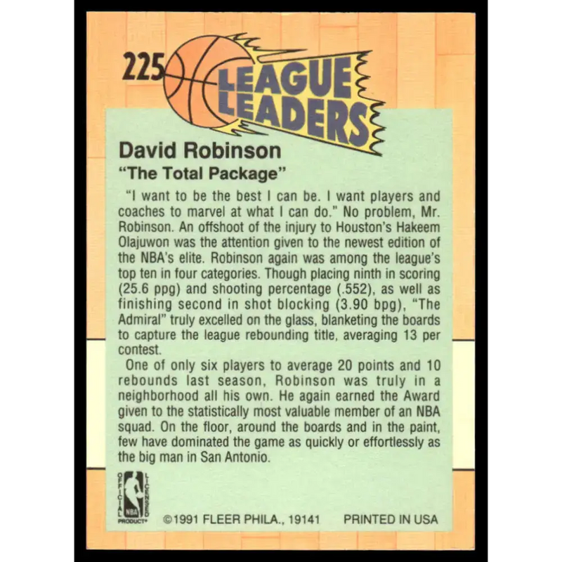 1991 Fleer #225 David Robinson NM/MT San Antonio Spurs Basketball Card - Basketball Card Single