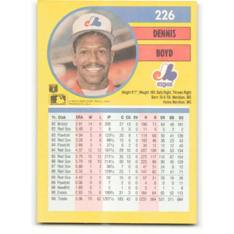 1991 Fleer #226 Oil Can Boyd NM-MT Montreal Expos Baseball Card - Baseball Card Single