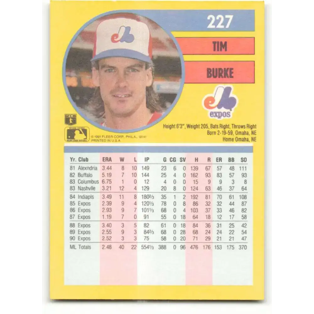 1991 Fleer #227 Tim Burke NM-MT Montreal Expos Baseball Card - Baseball Card Single