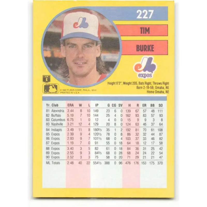 1991 Fleer #227 Tim Burke NM-MT Montreal Expos Baseball Card - Baseball Card Single