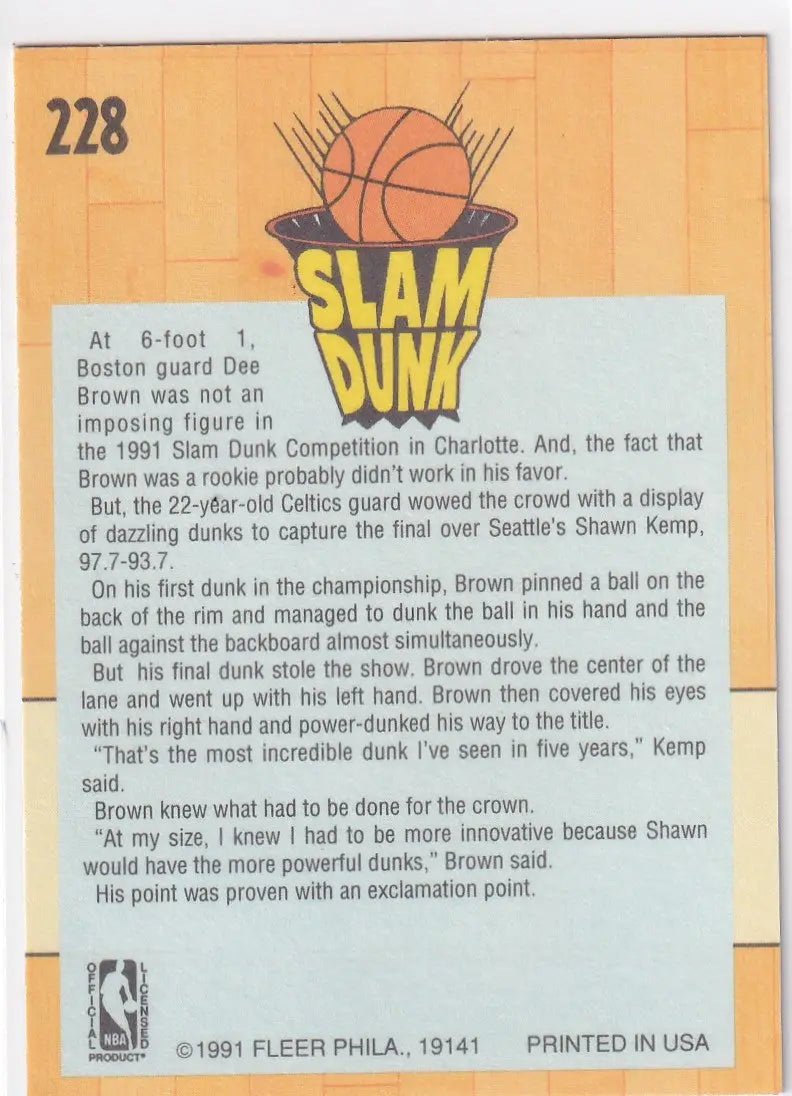 1991 FLEER #228 DEE BROWN SLAM DUNK- BOSTON CELTICS - Basketball Card Single