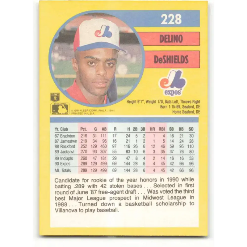 1991 Fleer #228 Delino DeShields NM-MT Montreal Expos Baseball Card - Baseball Card Single