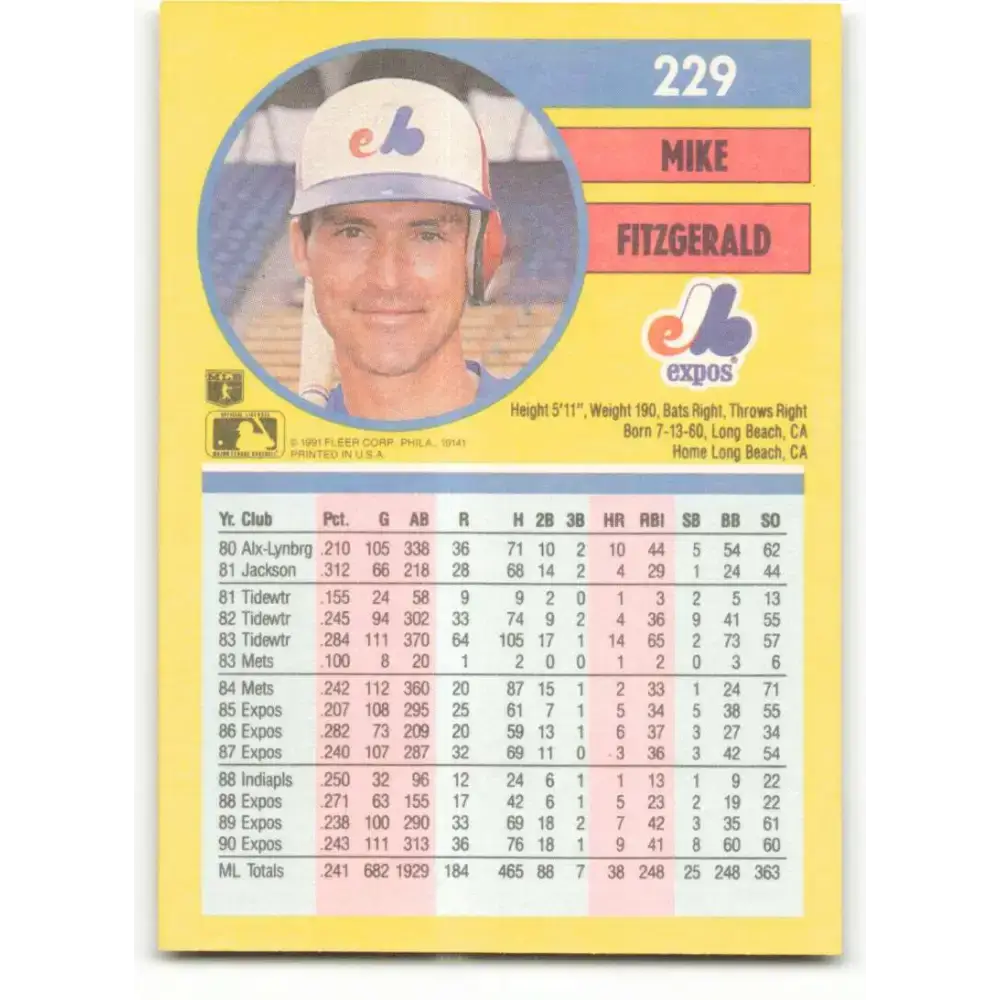 1991 Fleer #229 Mike Fitzgerald NM-MT Montreal Expos Baseball Card - Baseball Card Single