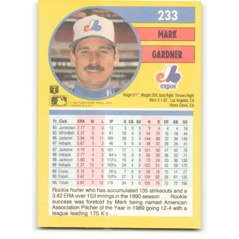 1991 Fleer #233 Mark Gardner NM-MT Montreal Expos Baseball Card - Baseball Card Single