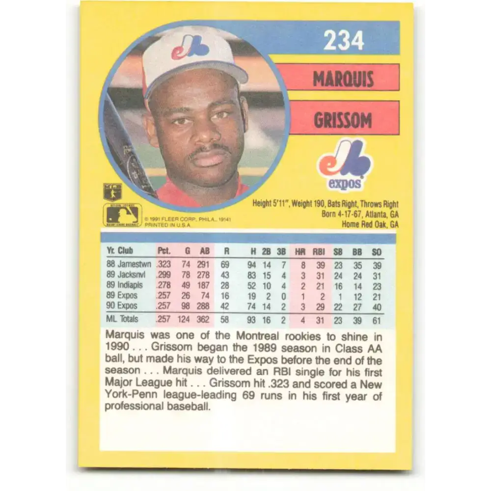1991 Fleer #234 Marquis Grissom NM-MT Montreal Expos Baseball Card - Baseball Card Single