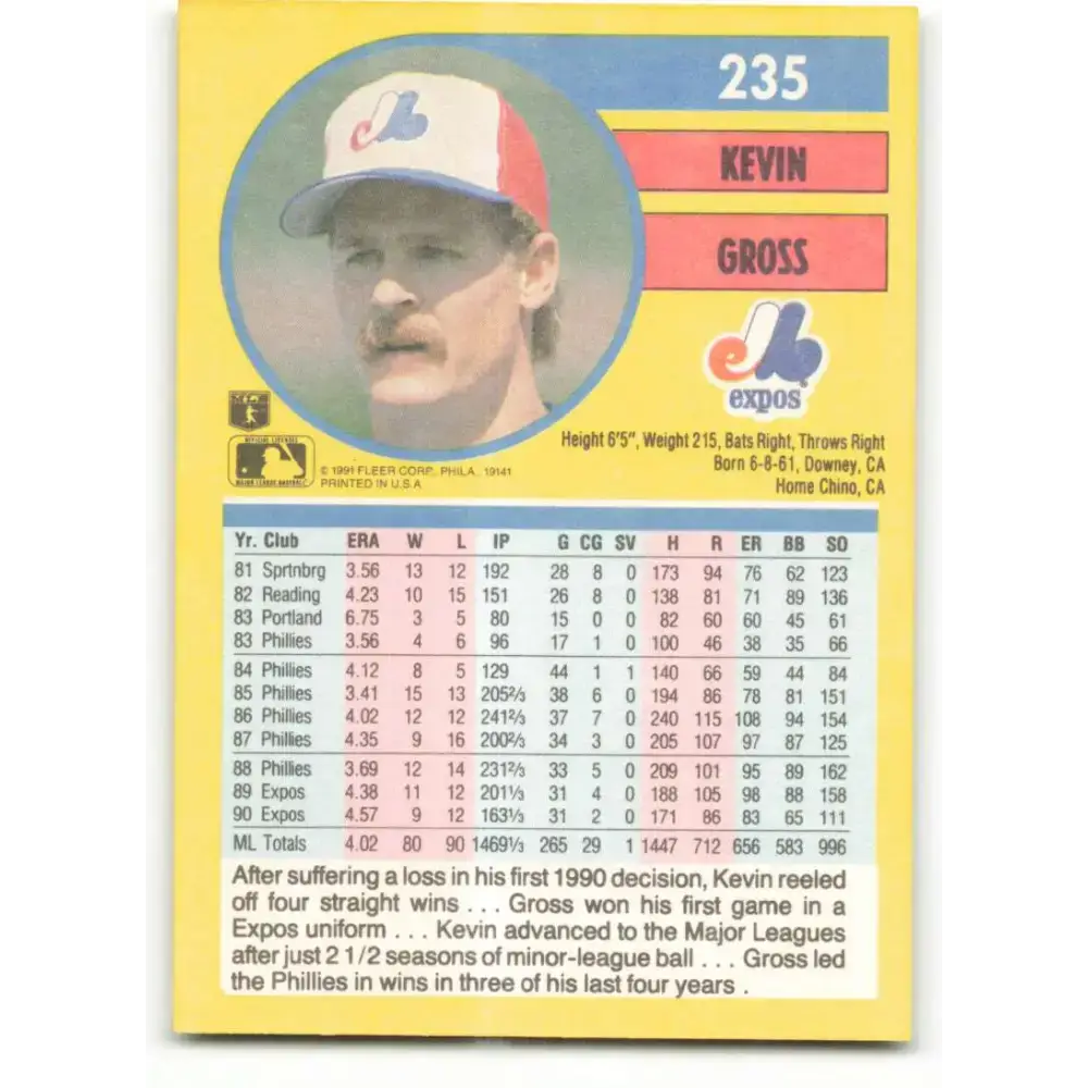 1991 Fleer #235 Kevin Gross NM-MT Montreal Expos Baseball Card - Baseball Card Single