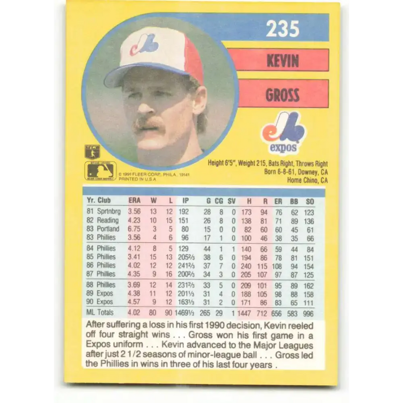 1991 Fleer #235 Kevin Gross NM-MT Montreal Expos Baseball Card - Baseball Card Single