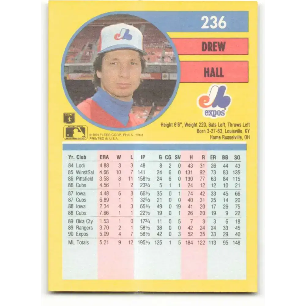 1991 Fleer #236 Drew Hall NM-MT Montreal Expos Baseball Card - Baseball Card Single