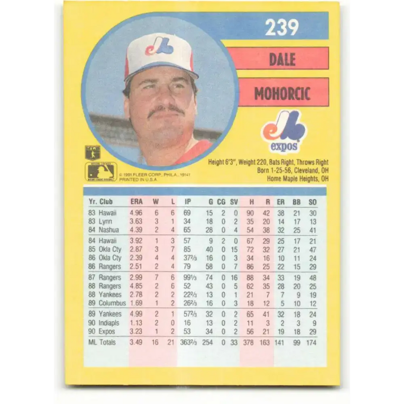 1991 Fleer #239 Dale Mohorcic NM-MT Montreal Expos Baseball Card - Baseball Card Single