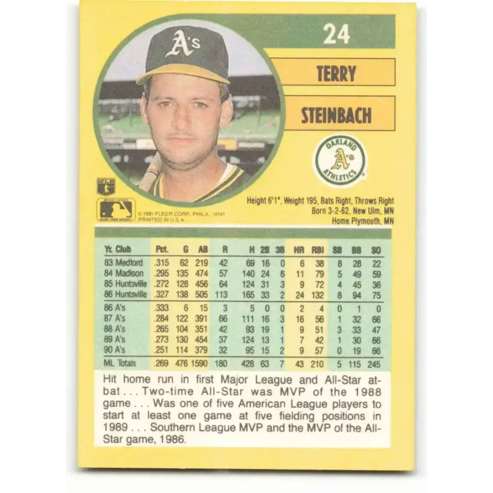 1991 Fleer #24 Terry Steinbach NM-MT Oakland Athletics Baseball Card - Baseball Card Single