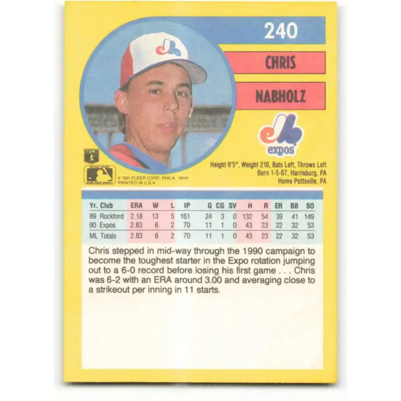 1991 Fleer #240 Chris Nabholz NM-MT Montreal Expos Baseball Card - Baseball Card Single