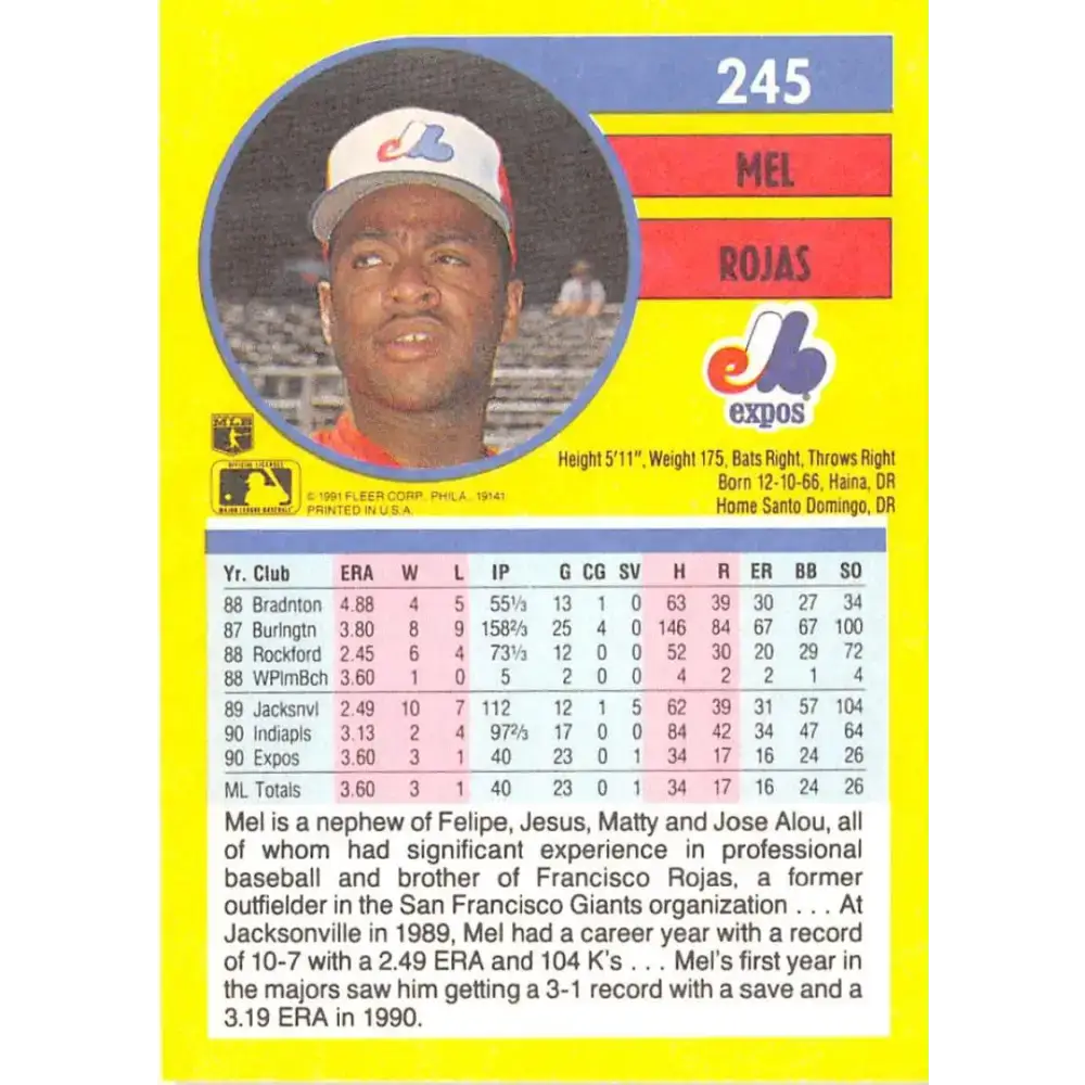 1991 Fleer #245 Mel Rojas NM-MT Montreal Expos Baseball Card - Baseball Card Single