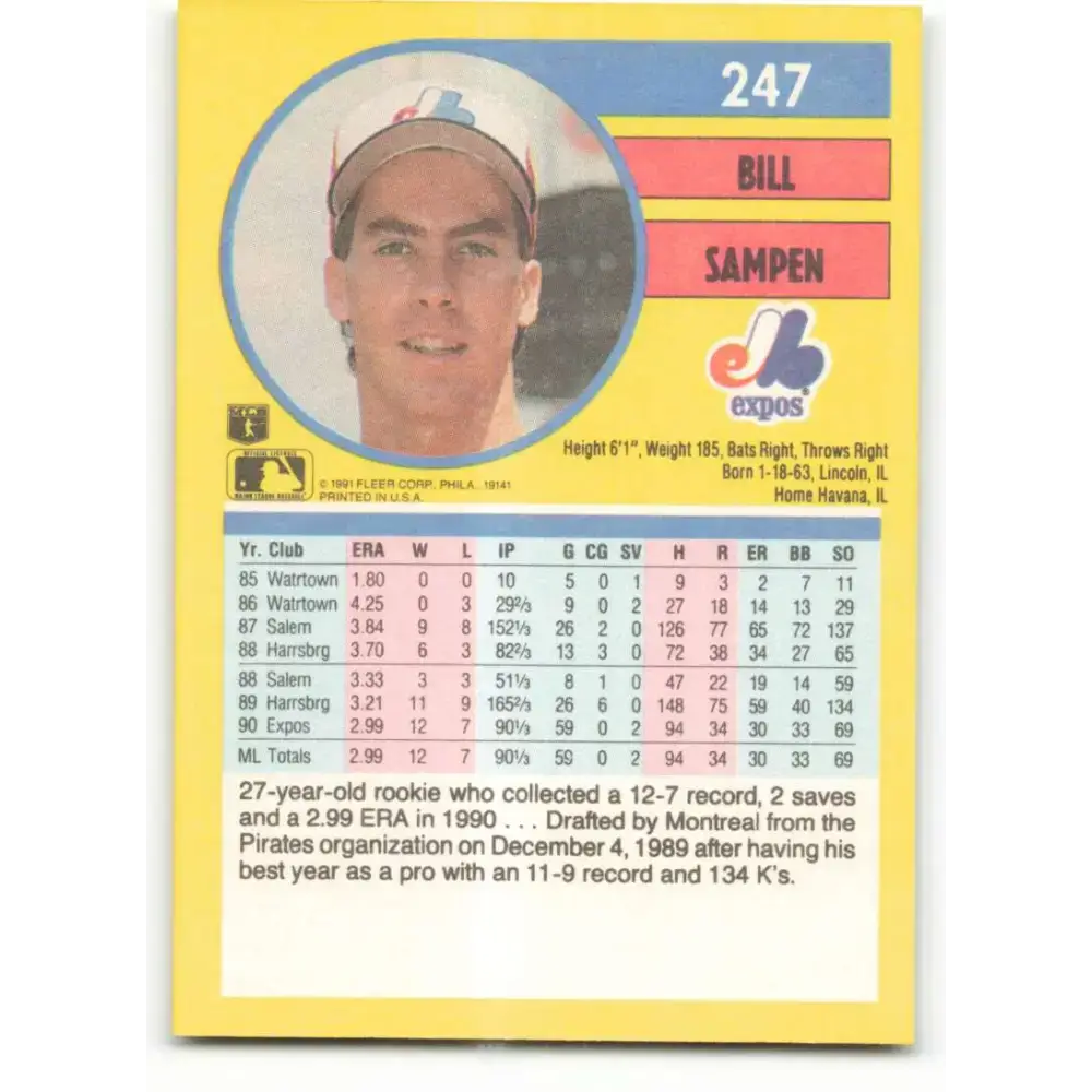 1991 Fleer #247 Bill Sampen NM-MT Montreal Expos Baseball Card - Baseball Card Single