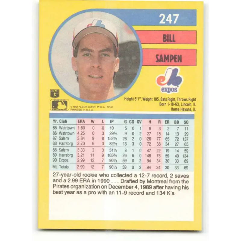 1991 Fleer #247 Bill Sampen NM-MT Montreal Expos Baseball Card - Baseball Card Single