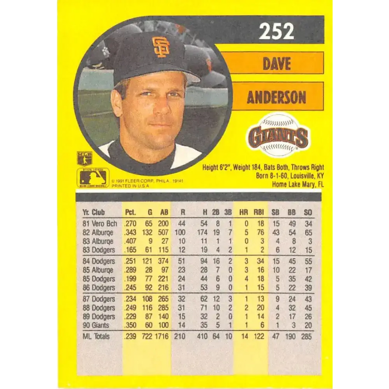 1991 Fleer #252 Dave Anderson NM-MT San Francisco Giants Baseball Card - Baseball Card Single