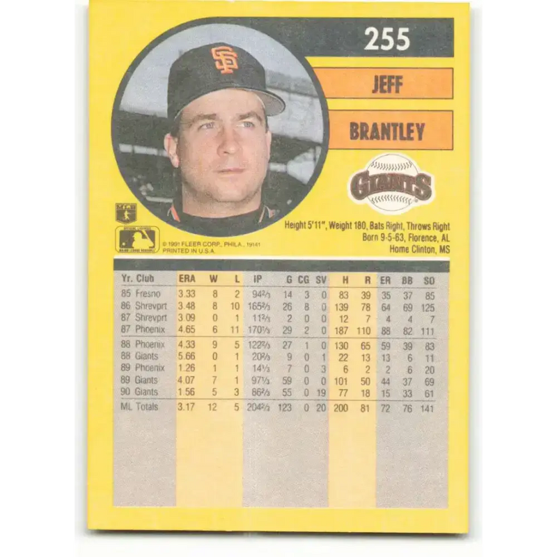 1991 Fleer #255 Jeff Brantley NM-MT San Francisco Giants Baseball Card - Baseball Card Single
