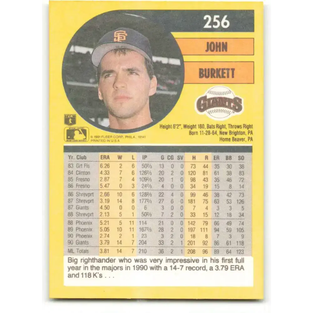 1991 Fleer #256 John Burkett NM-MT San Francisco Giants Baseball Card - Baseball Card Single