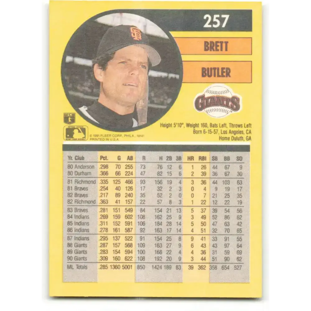 1991 Fleer #257 Brett Butler NM-MT San Francisco Giants Baseball Card - Baseball Card Single