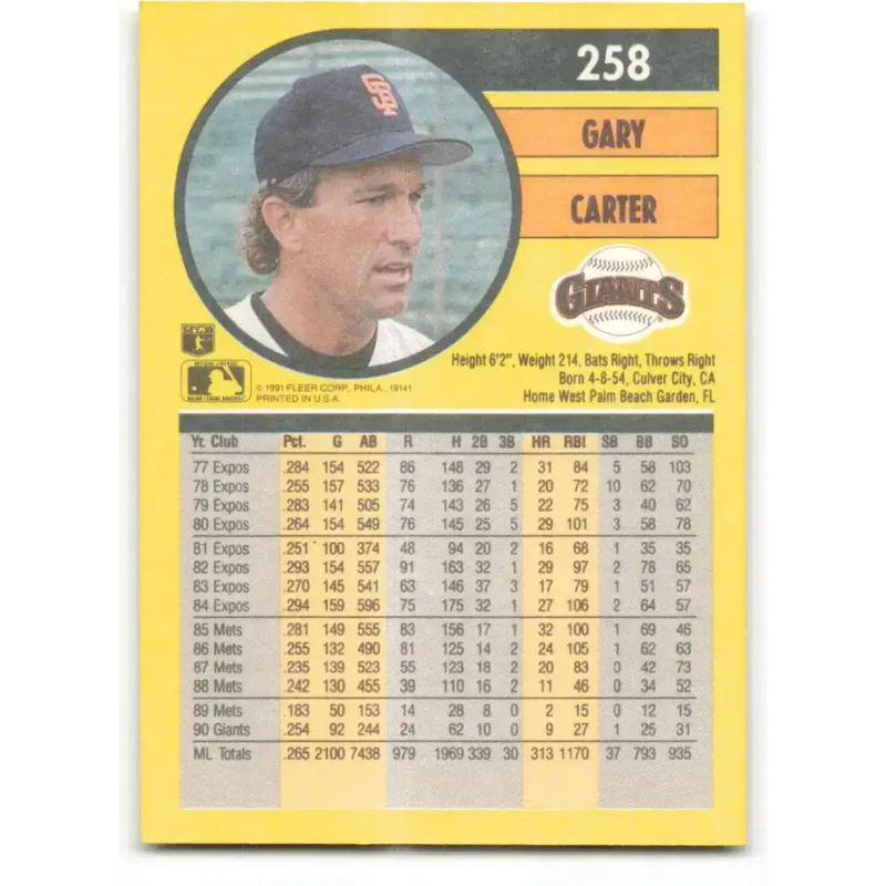 1991 Fleer #258 Gary Carter NM-MT San Francisco Giants Baseball Card - Baseball Card Single