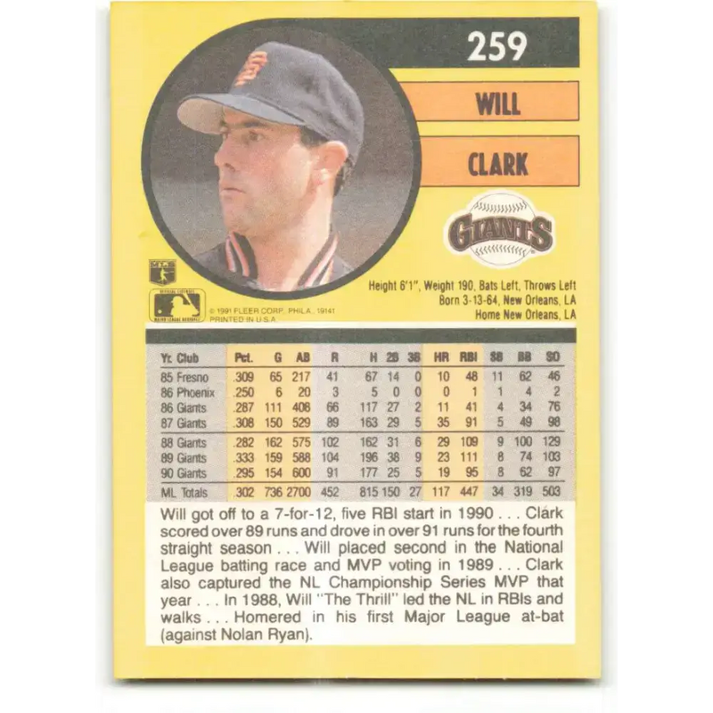 1991 Fleer #259 Will Clark NM-MT San Francisco Giants Baseball Card - Baseball Card Single