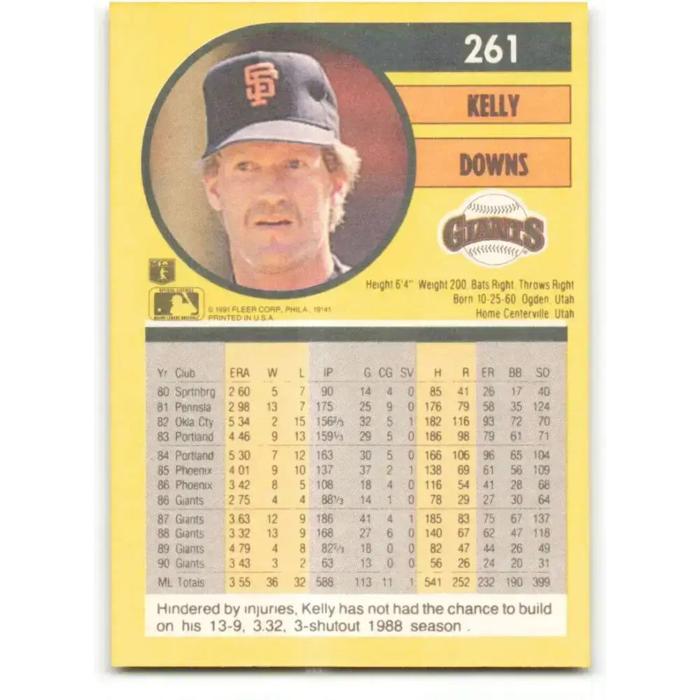 1991 Fleer #261 Kelly Downs NM-MT San Francisco Giants Baseball Card - Baseball Card Single