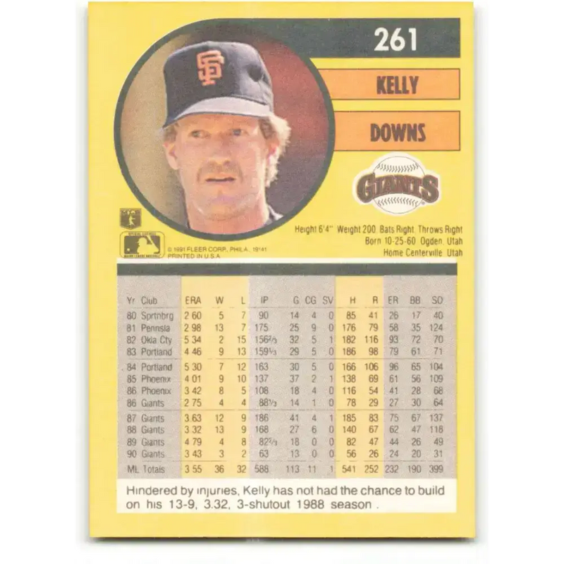 1991 Fleer #261 Kelly Downs NM-MT San Francisco Giants Baseball Card - Baseball Card Single