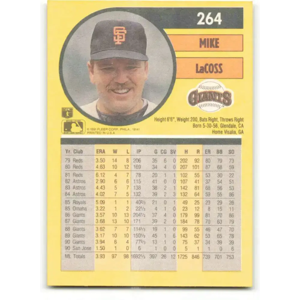 1991 Fleer #264 Mike LaCoss NM-MT San Francisco Giants Baseball Card - Baseball Card Single