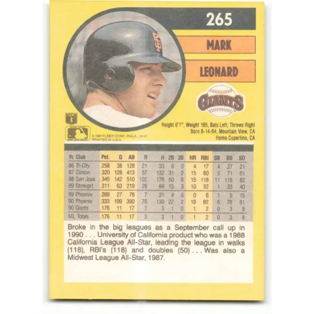 1991 Fleer #265 Mark Leonard NM-MT RC Rookie San Francisco Giants Baseball Card - Baseball Card Single