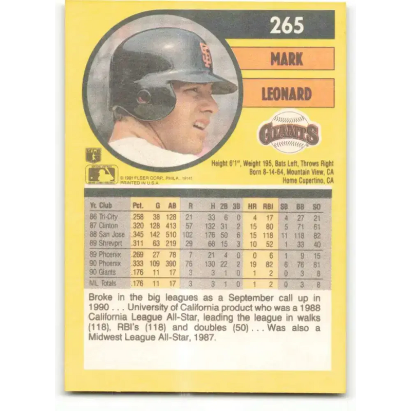 1991 Fleer #265 Mark Leonard NM-MT RC Rookie San Francisco Giants Baseball Card - Baseball Card Single