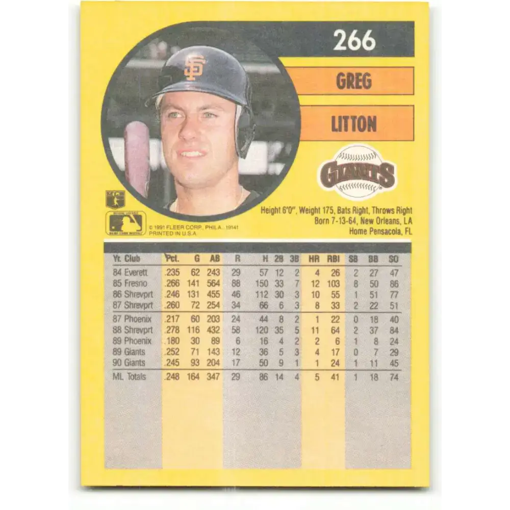 1991 Fleer #266 Greg Litton NM-MT San Francisco Giants Baseball Card - Baseball Card Single