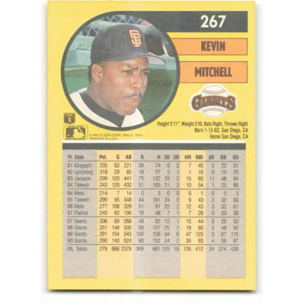 1991 Fleer #267 Kevin Mitchell NM-MT San Francisco Giants Baseball Card - Baseball Card Single