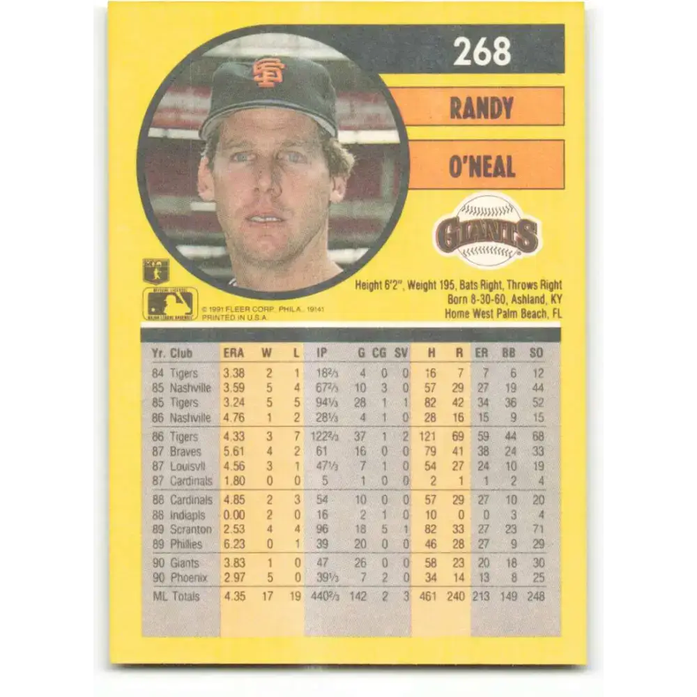 1991 Fleer #268 Randy O’Neal NM-MT San Francisco Giants Baseball Card - Baseball Card Single