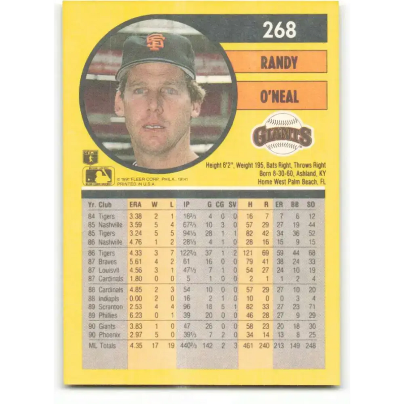 1991 Fleer #268 Randy O’Neal NM-MT San Francisco Giants Baseball Card - Baseball Card Single
