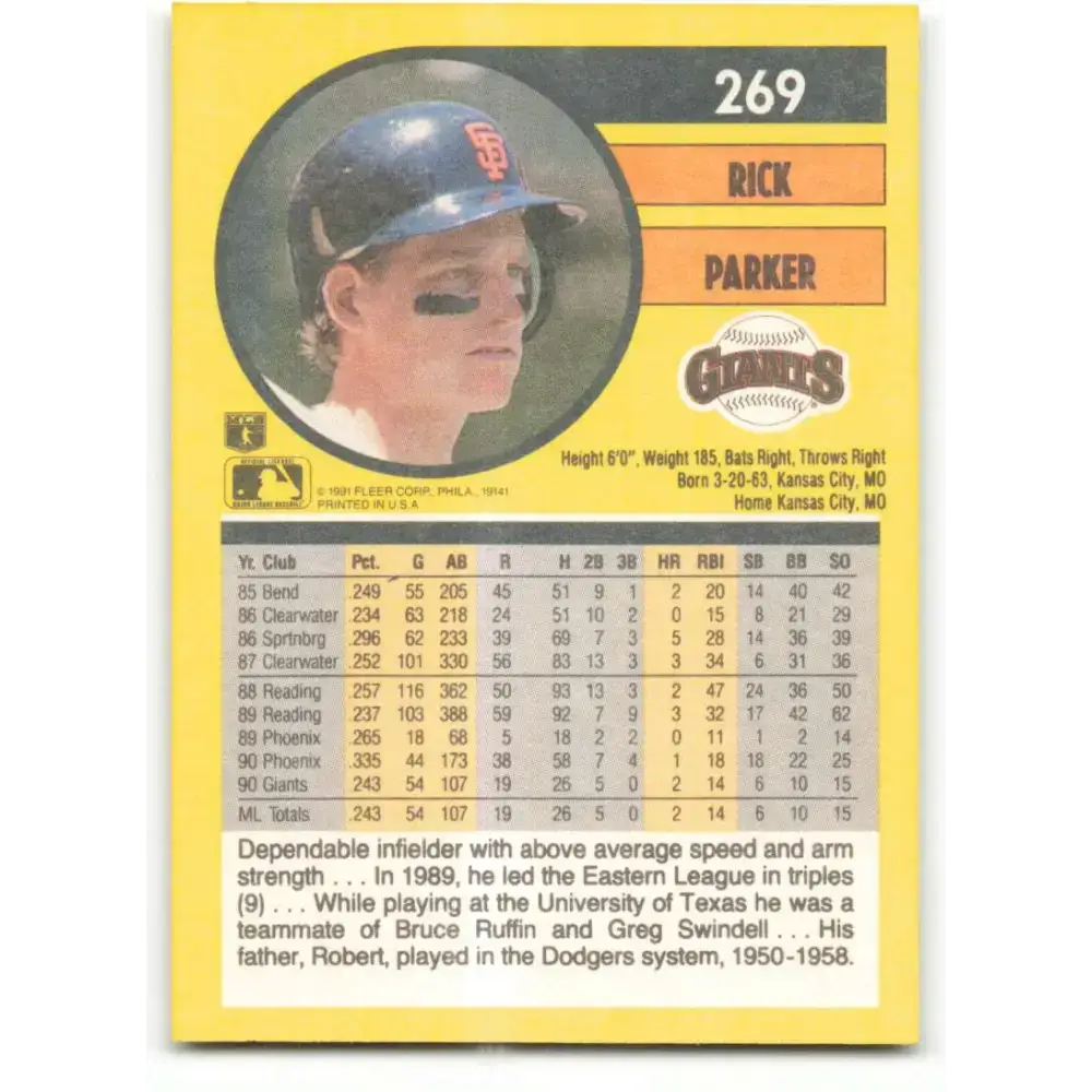 1991 Fleer #269 Rick Parker NM-MT San Francisco Giants Baseball Card - Baseball Card Single
