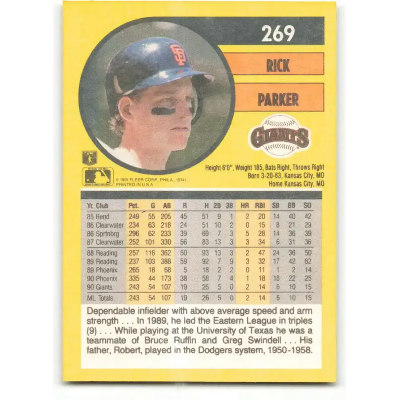 1991 Fleer #269 Rick Parker NM-MT San Francisco Giants Baseball Card - Baseball Card Single