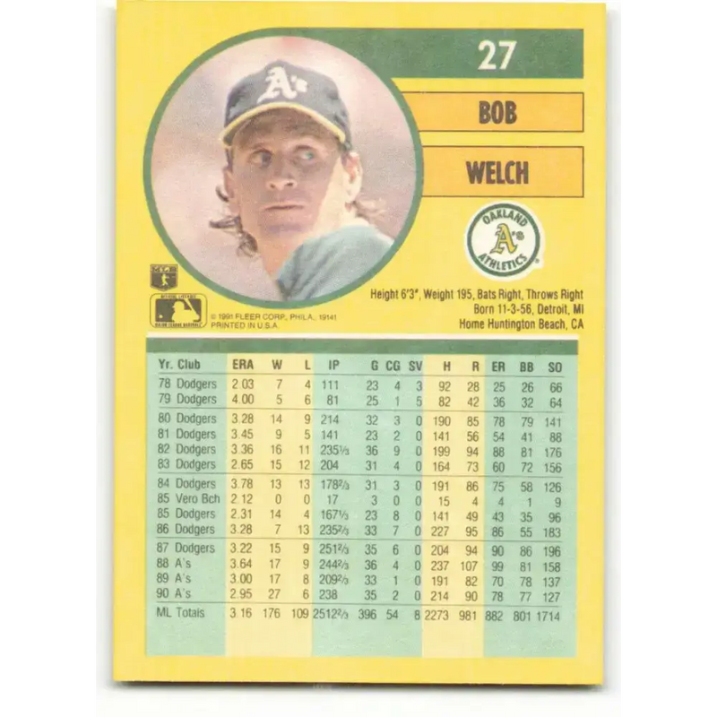 1991 Fleer #27 Bob Welch NM-MT Oakland Athletics Baseball Card - Baseball Card Single