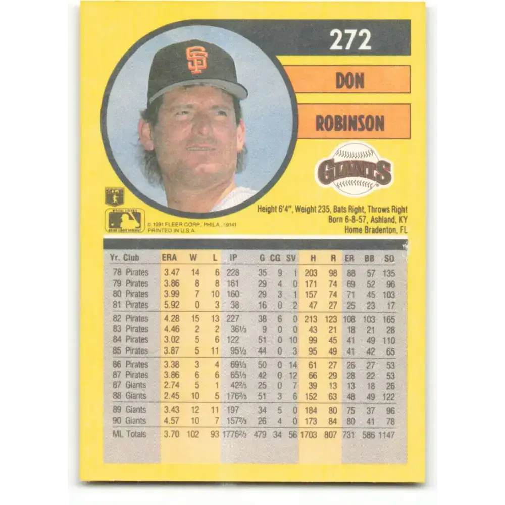 1991 Fleer #272 Don Robinson NM-MT San Francisco Giants Baseball Card - Baseball Card Single