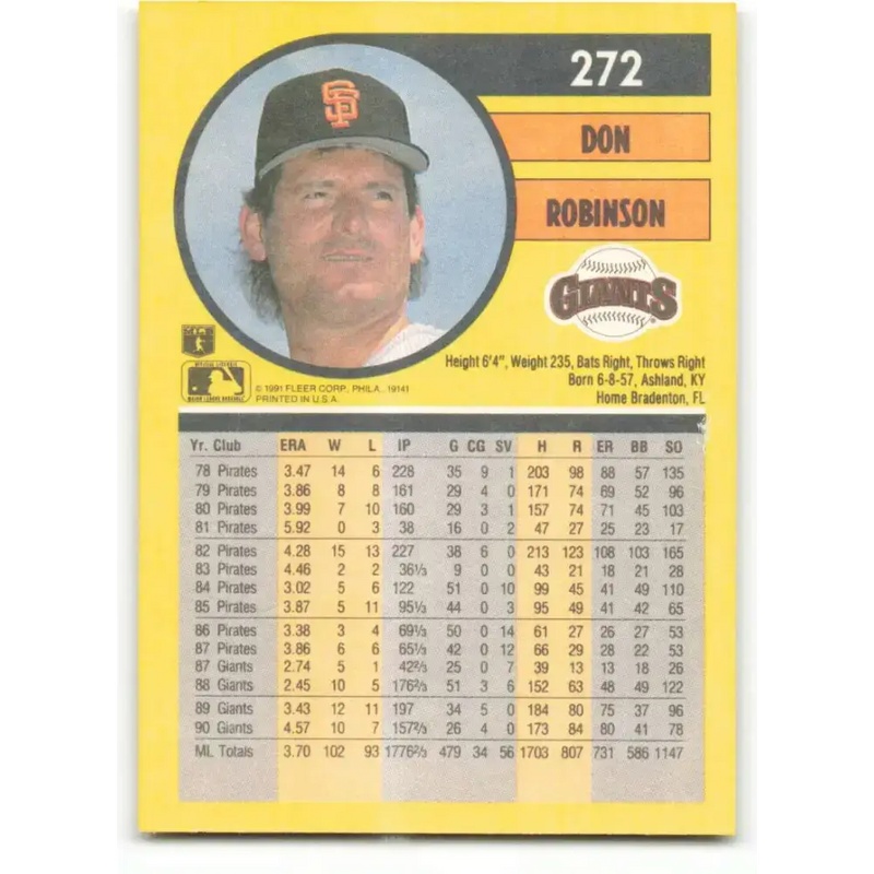 1991 Fleer #272 Don Robinson NM-MT San Francisco Giants Baseball Card - Baseball Card Single