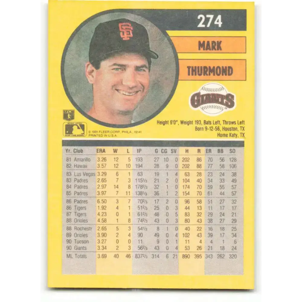 1991 Fleer #274 Mark Thurmond NM-MT San Francisco Giants Baseball Card - Baseball Card Single