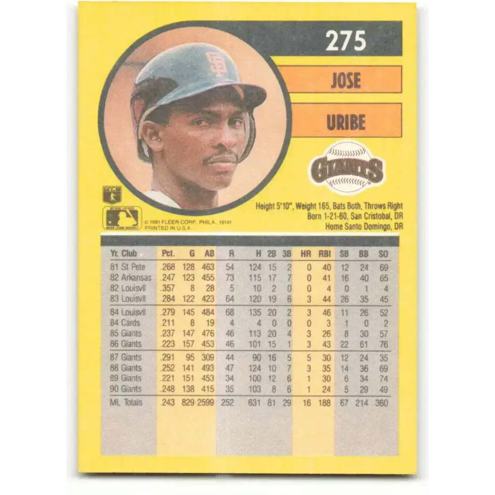 1991 Fleer #275 Jose Uribe NM-MT San Francisco Giants Baseball Card - Baseball Card Single