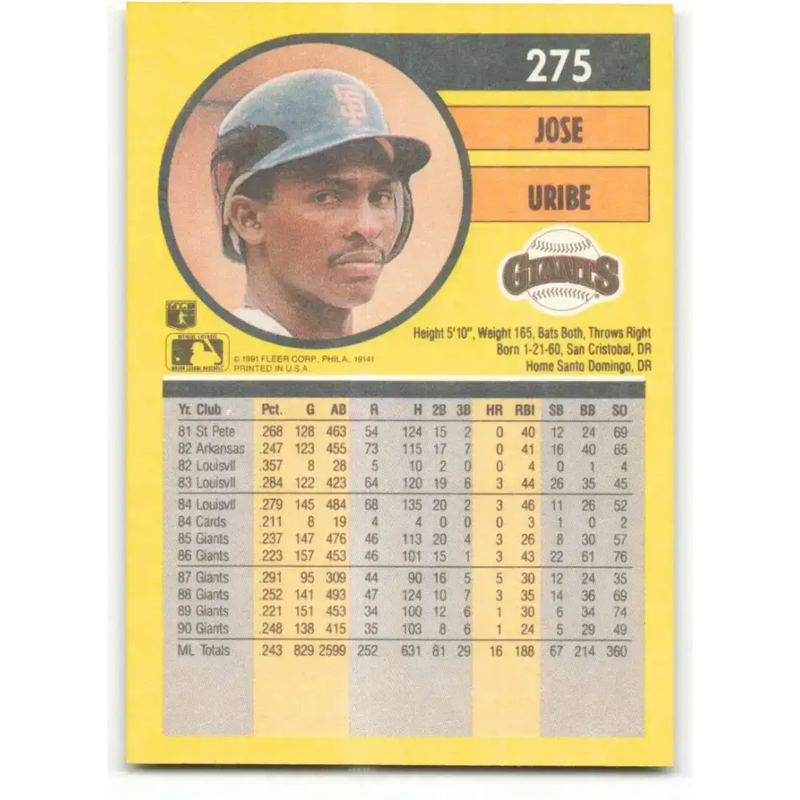 1991 Fleer #275 Jose Uribe NM-MT San Francisco Giants Baseball Card - Baseball Card Single