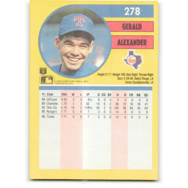 1991 Fleer #278 Gerald Alexander NM-MT RC Rookie Texas Rangers Baseball Card - Baseball Card Single