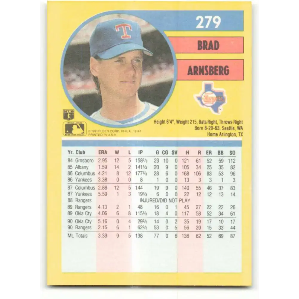 1991 Fleer #279 Brad Arnsberg NM-MT Texas Rangers Baseball Card - Baseball Card Single