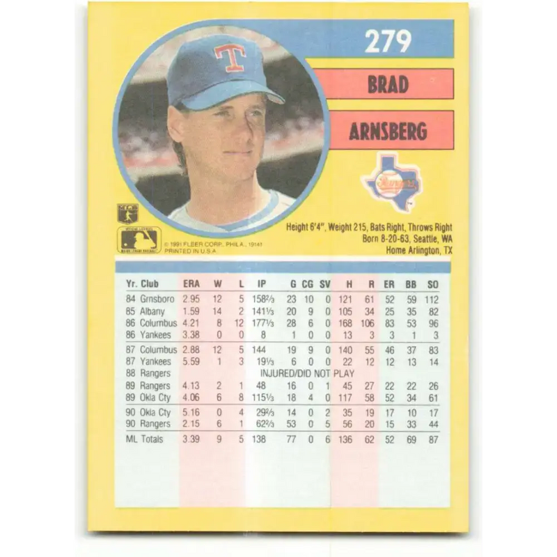 1991 Fleer #279 Brad Arnsberg NM-MT Texas Rangers Baseball Card - Baseball Card Single
