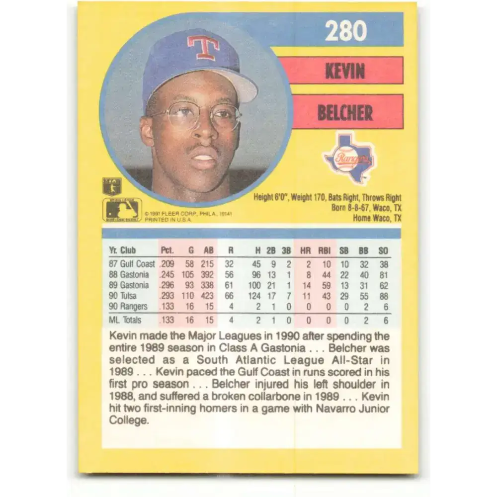 1991 Fleer #280 Kevin Belcher NM-MT RC Rookie Texas Rangers Baseball Card - Baseball Card Single